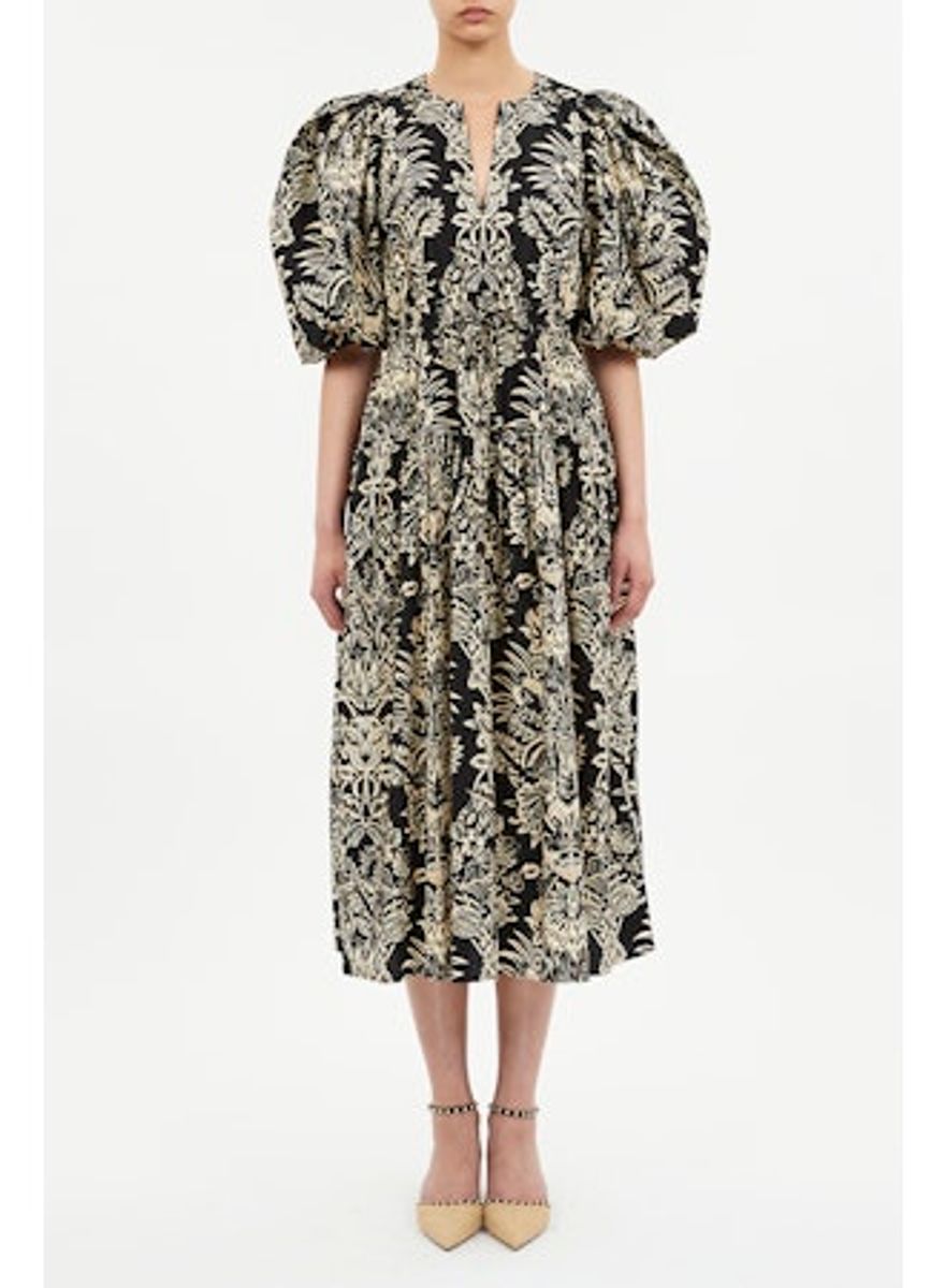 Harriet Puff Sleeve Midi Dress- Noir flora  - Ulla Johnson