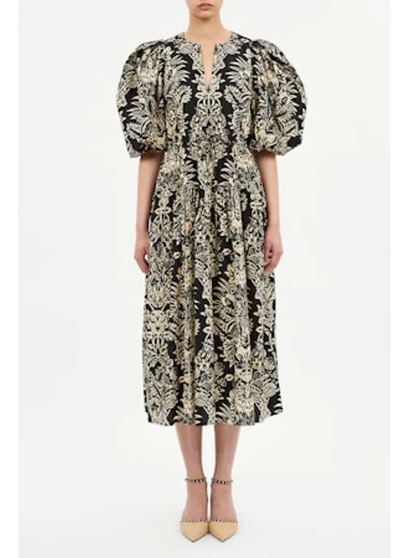 Harriet Puff Sleeve Midi Dress- Noir flora  - Ulla Johnson